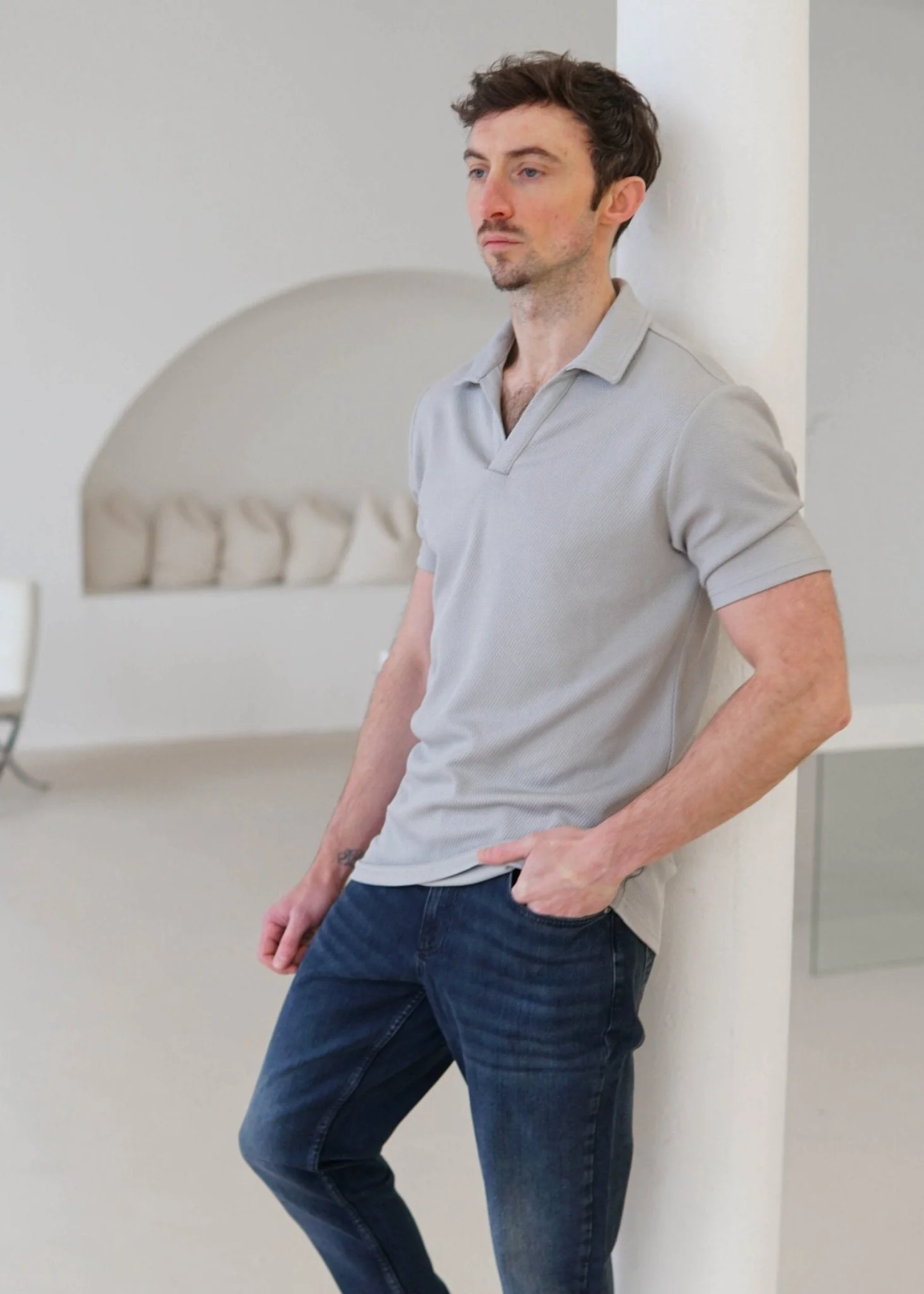 Luxe Open Collar Polo Shirt In Grey - Image 5