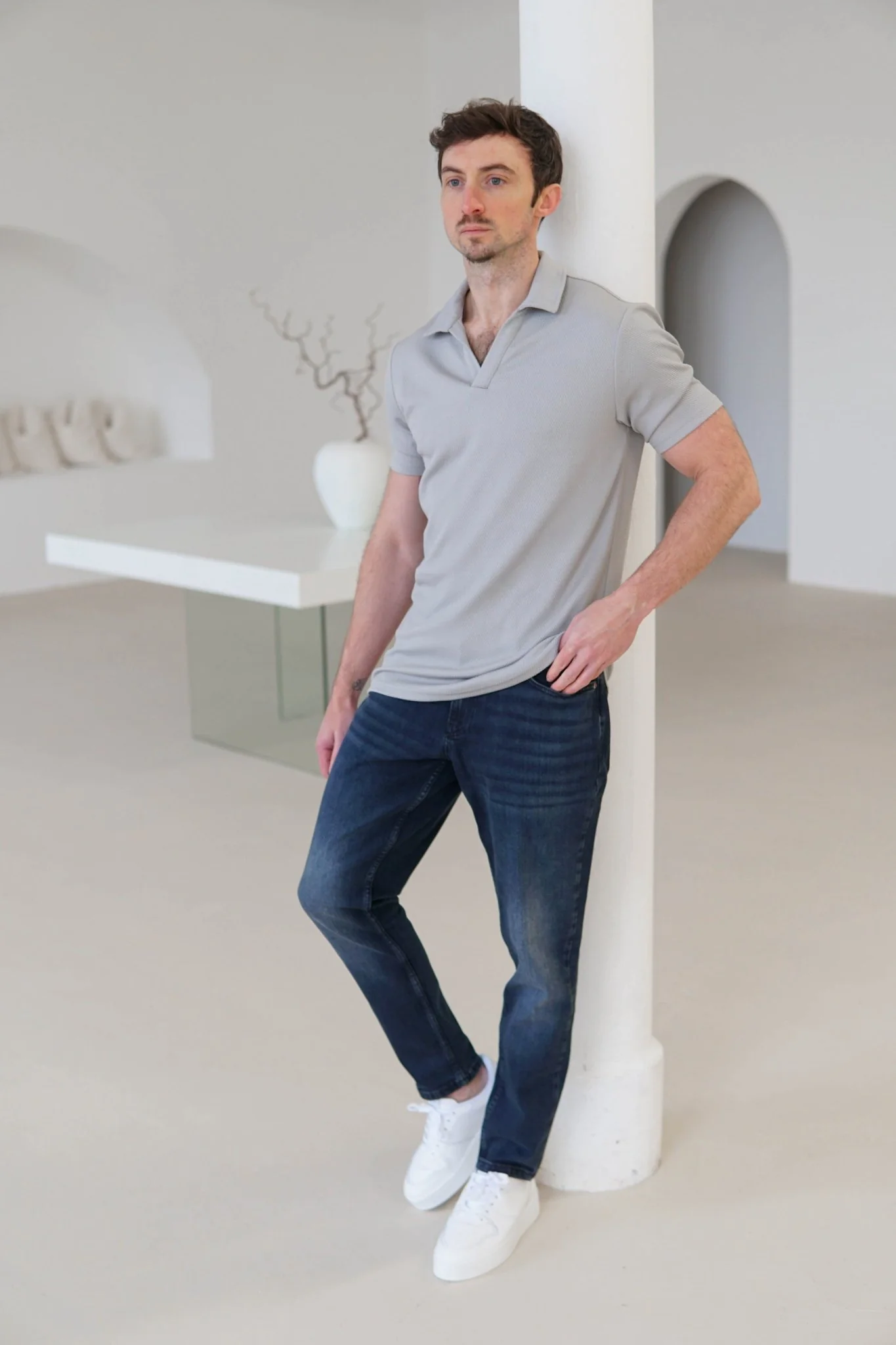 Luxe Open Collar Polo Shirt In Grey - Image 6