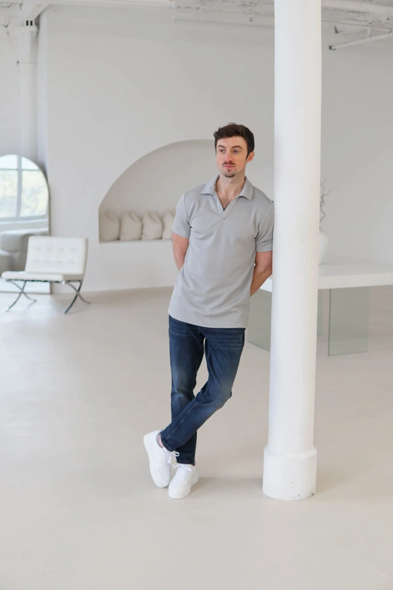 Luxe Open Collar Polo Shirt In Grey - Image 7