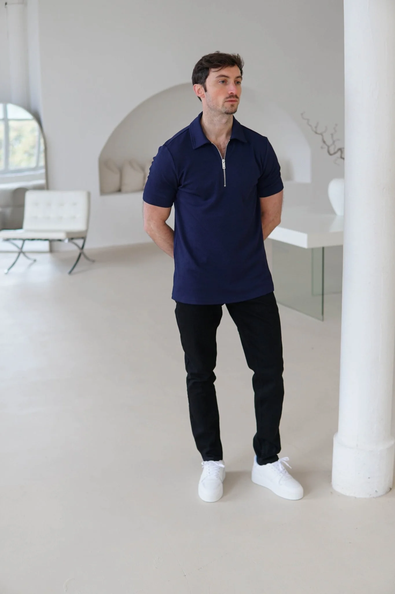 Luxe Zip Polo Shirt In Navy - Image 4