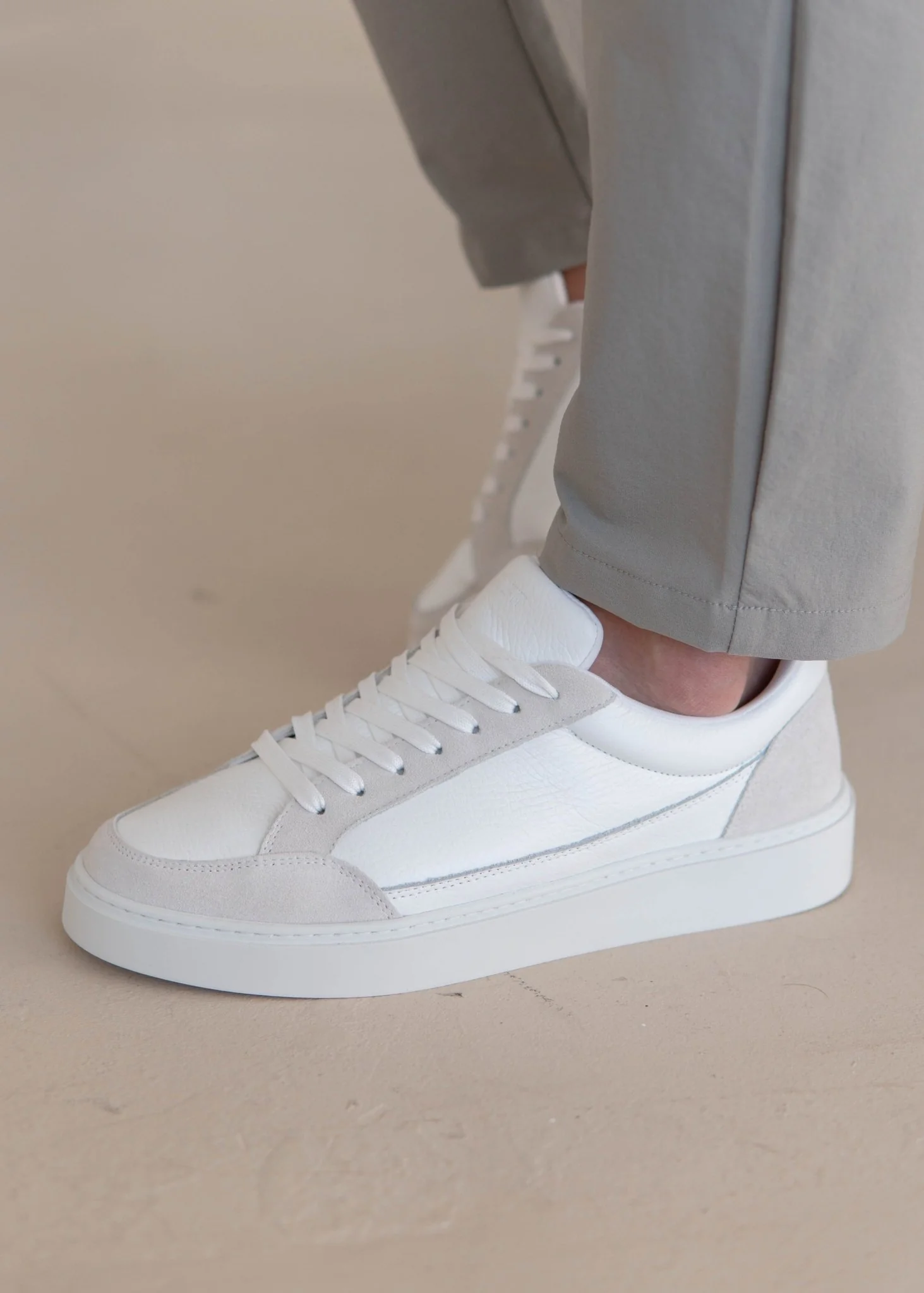 Premium Leather Trainer In White/Stone - Image 12