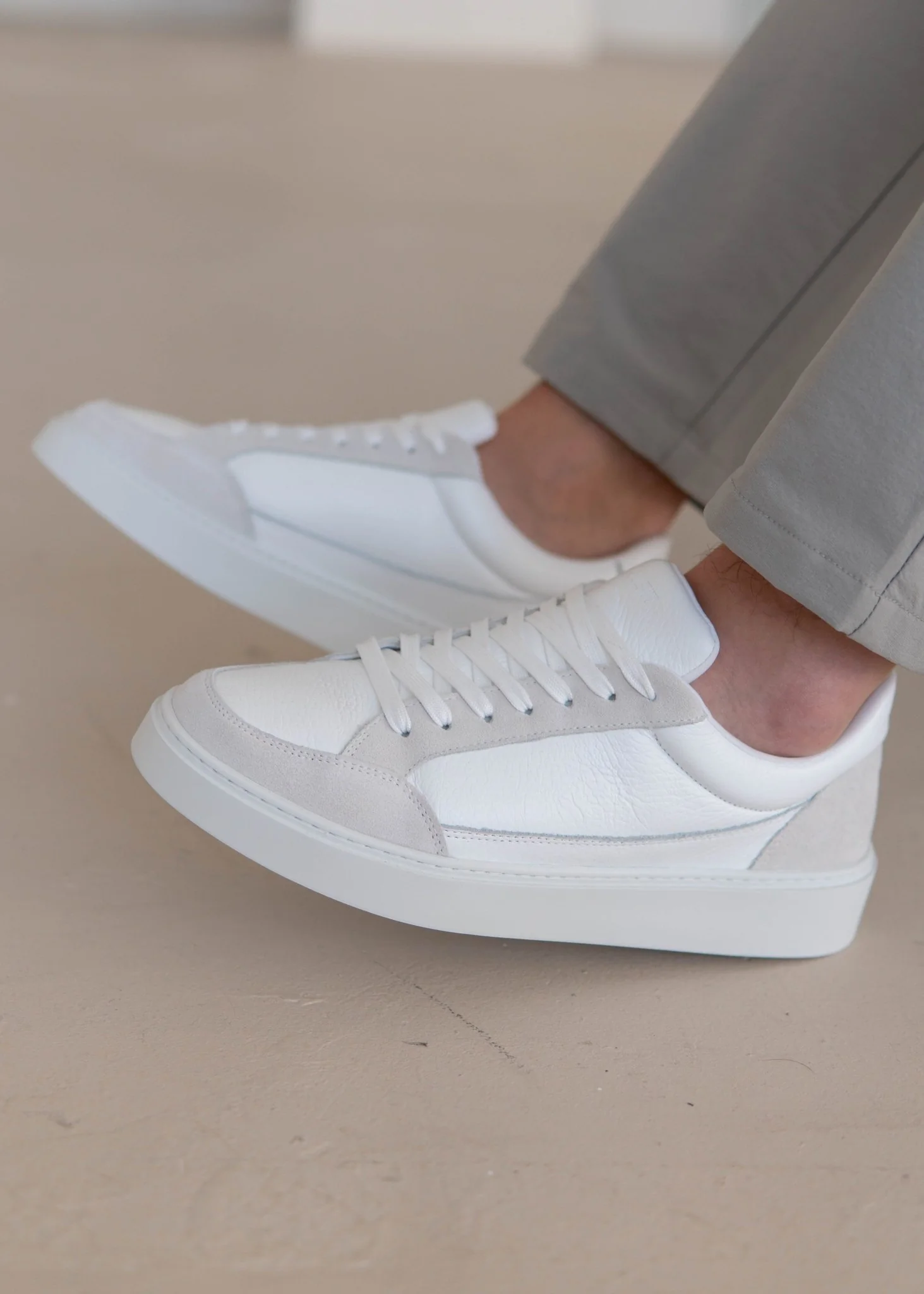 Premium Leather Trainer In White/Stone - Image 4