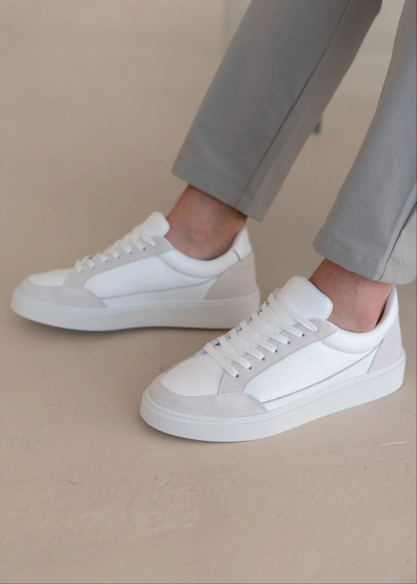 Premium Leather Trainer In White/Stone - Image 6