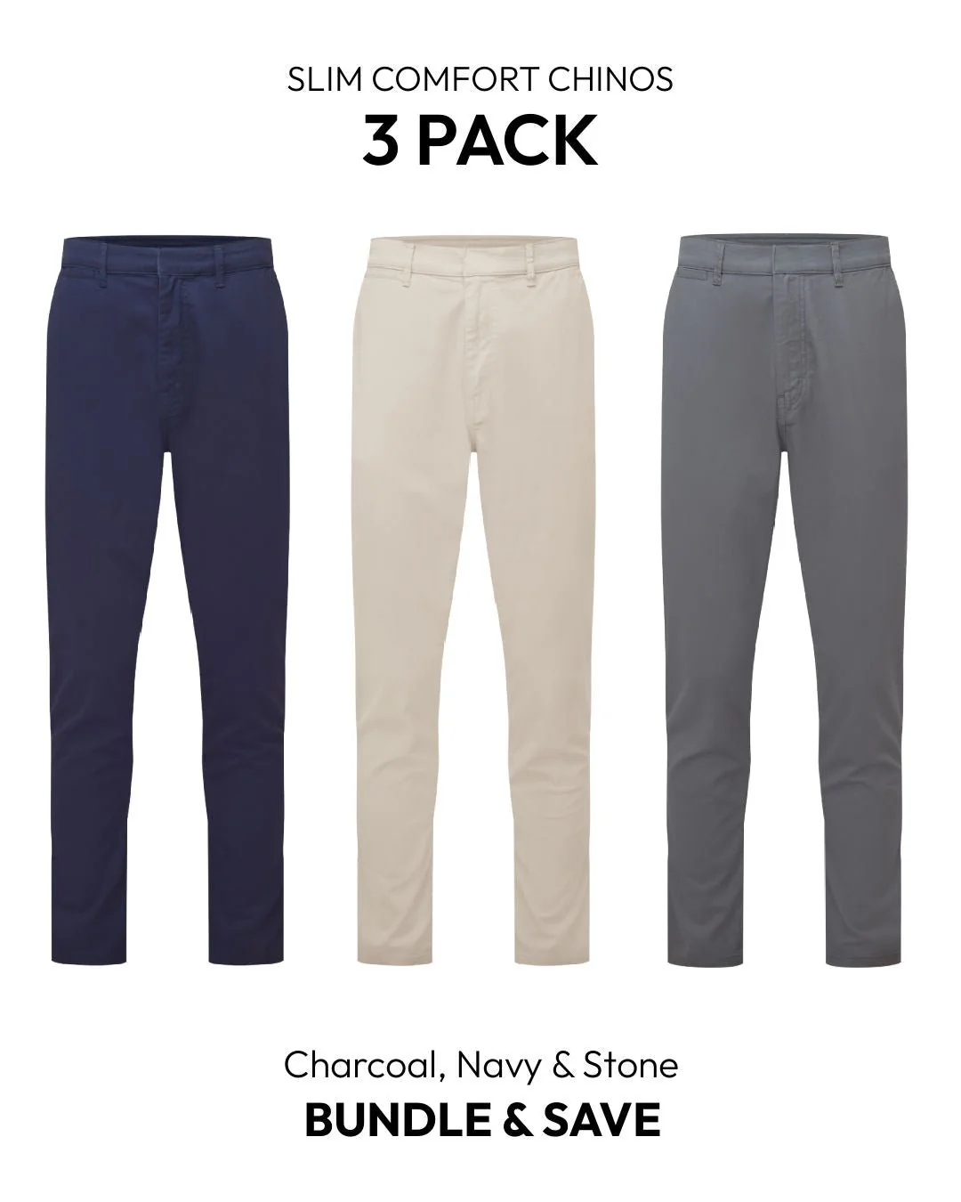 Slim Comfort Chinos Charcoal, Navy & Stone 3 Pack