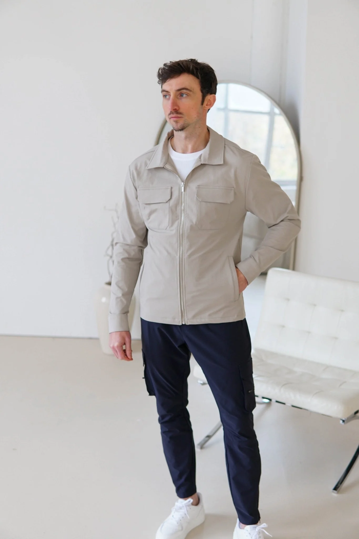 Tech Stretch Cargo Jacket In Stone - Image 17