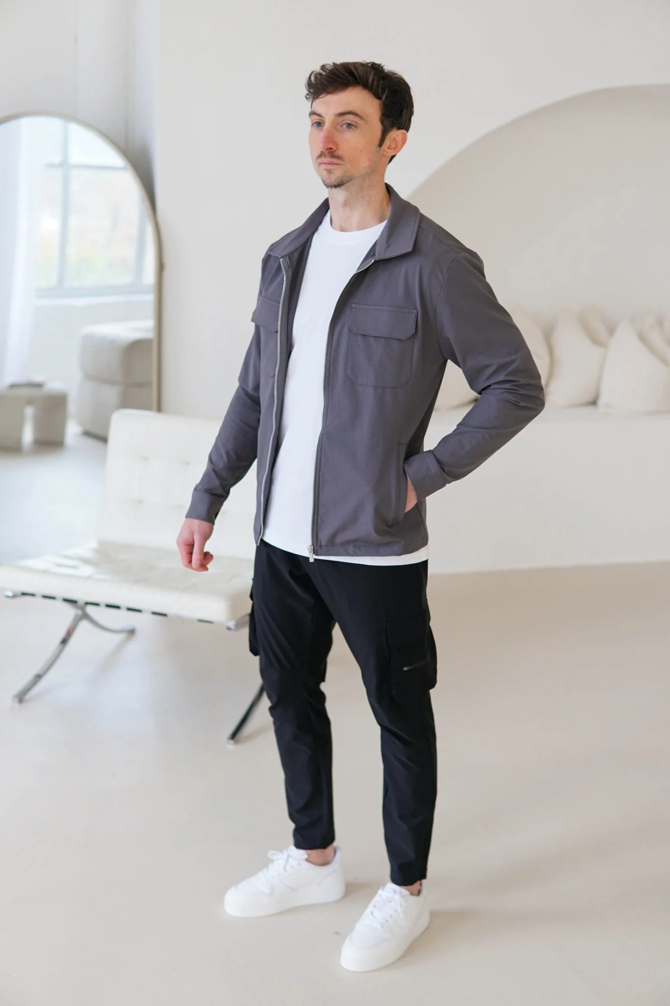 Tech Stretch Cargo Jacket In Charcoal - Image 2